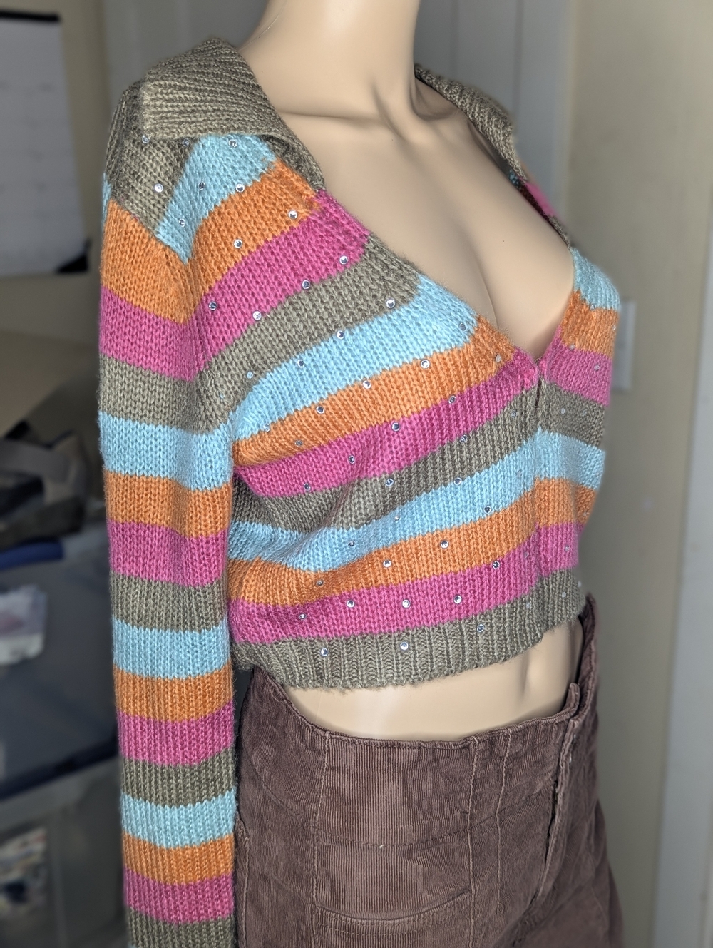 Bailey Rose Striped Split Cropped Cardigan Size L